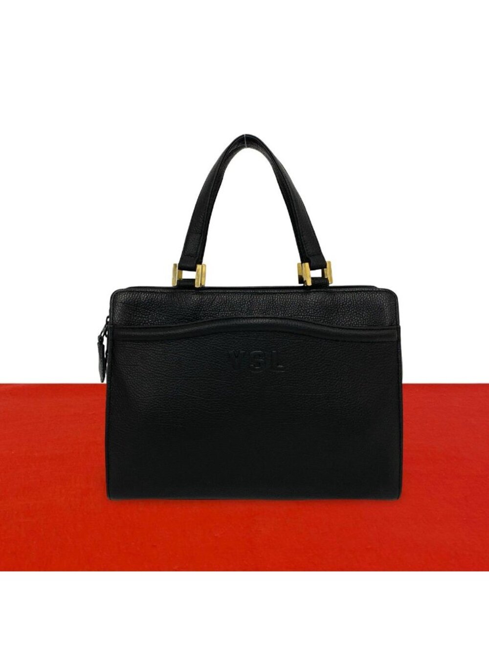 Saint Laurent Vintage YSL Logo Embossed Leather Handbag Mini Tote Black
